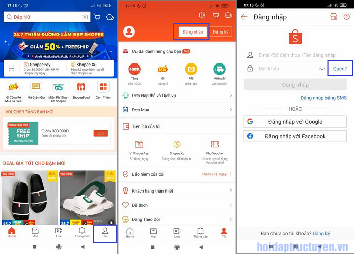 đăng nhập Shopee khi quên mật khẩu