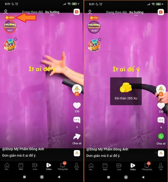 nhận được Xu khi xem Shopee Video